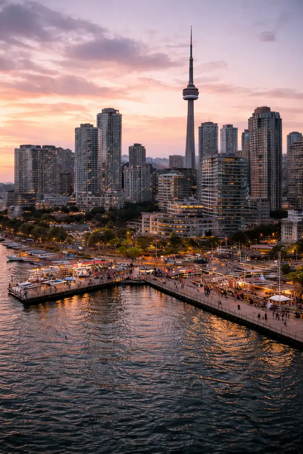Downtown Toronto skyline at sunset near the CN Tower, ideal area for furnished rentals.