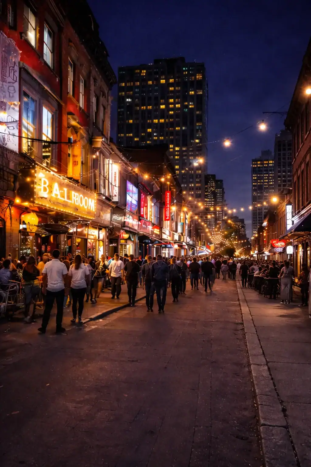 Evening street scene in Toronto’s Entertainment District, popular neighbourhood for short-term furnished stays.
